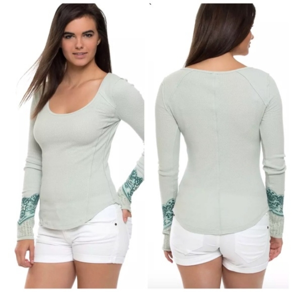 Free People Tops - We the Free People Top Bandana Cuff Thermal Green Boho Waffle Knit Henley